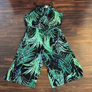 London Times Green and Black Leaf Print Jumpsuit, Cropped Wide Leg (L)